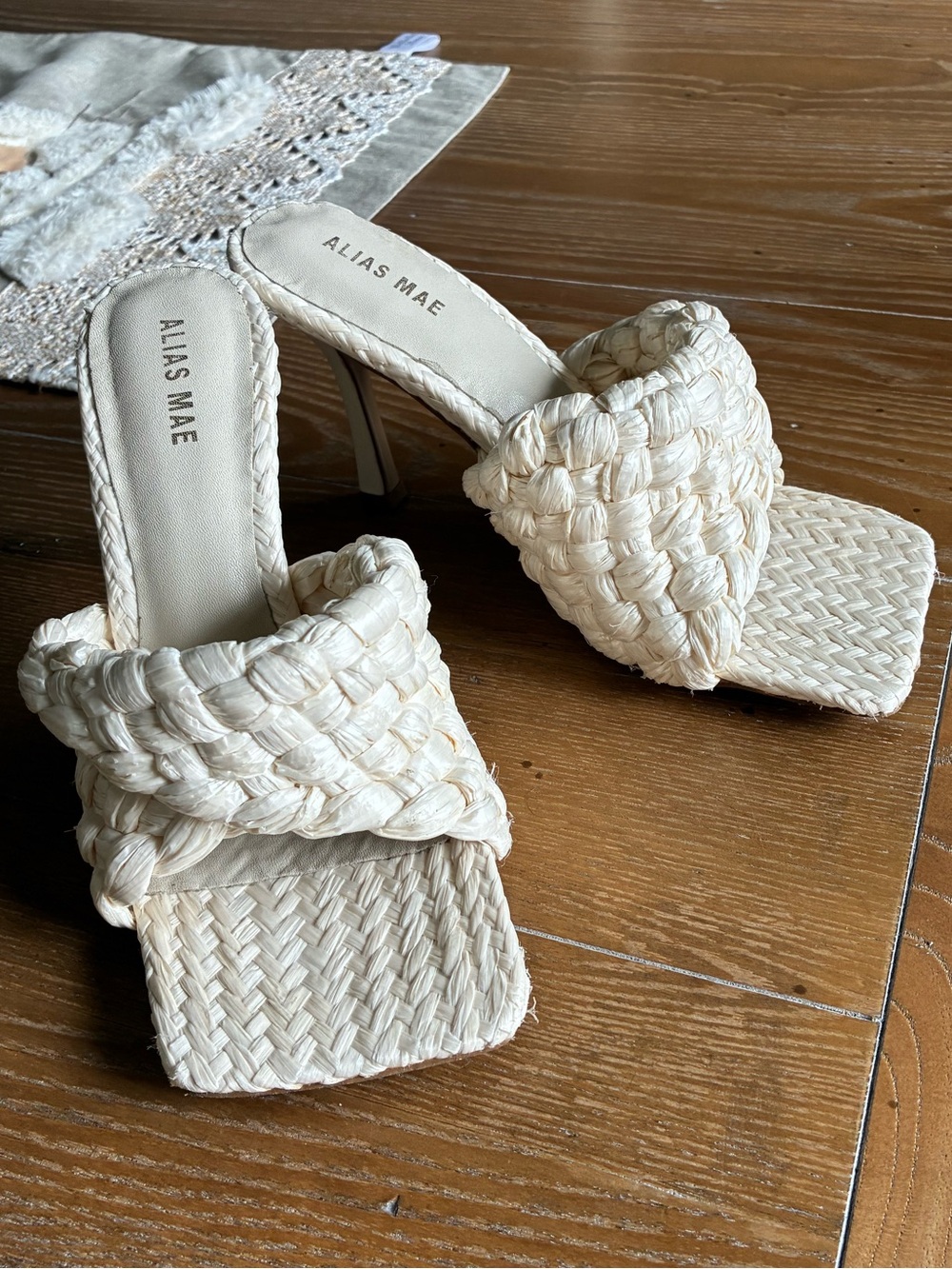 Alias Mae Braided Raffia Square-Toe Mules in Cream
